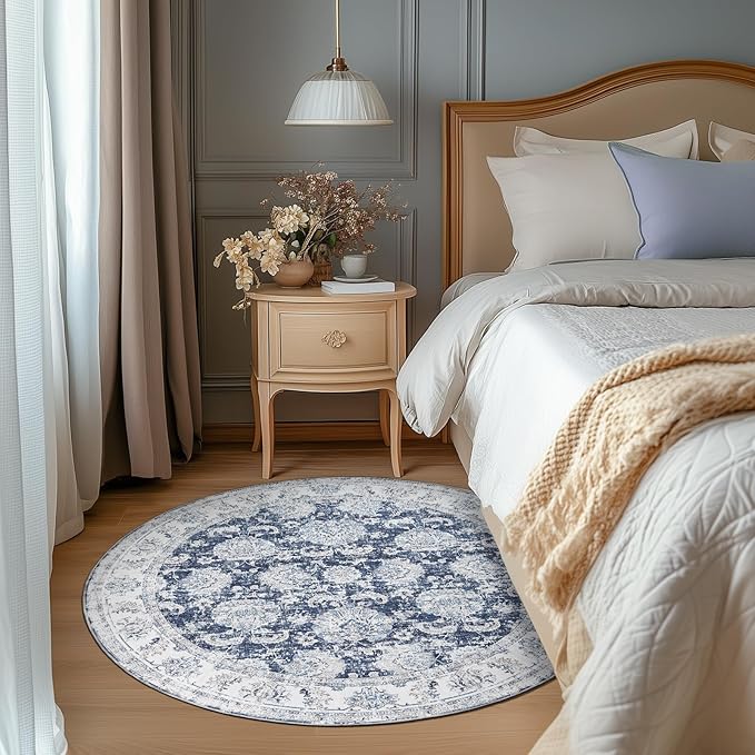 jinchan Round Rug 4ft Area Rugs Vintage Floral Distressed Design - Machine Washable Non-Slip Low-Pile Ultra-Thin Circle Rug for Entryway Bedside Living Room Dining Room Bedroom (4' Round,Dark Blue)