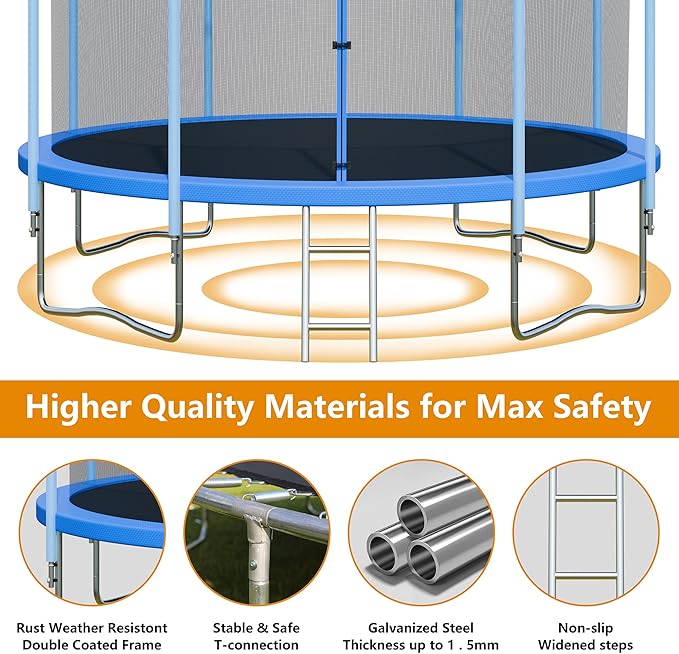 Trampoline with Enclosure - 12FT & 14FT Recreational Trampolines, Ladder, AntiRust Coating, ASTM Approved