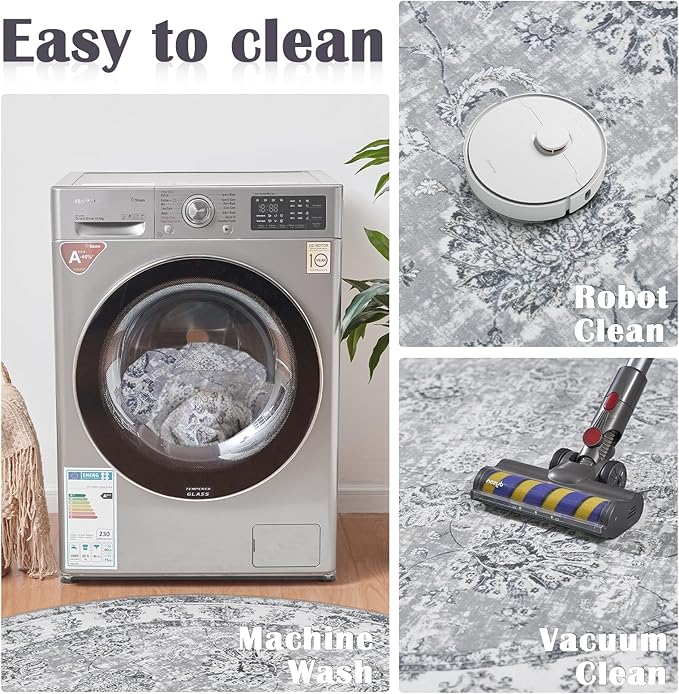 jinchan Round Rug 6ft Area Rug - Grey Vintage Floor Mat Kitchen Indoor Ultra-Thin Soft Floral Print - Washable Circle 6' Retro Accent for Farmhouse Non Slip Dining Room Living Room Bedroom Office