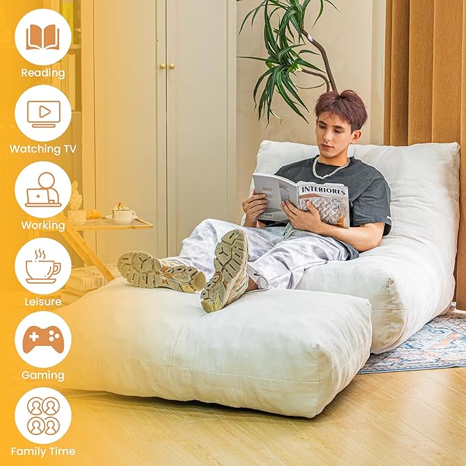 Bean Bag Chair with Ottoman, Comfy Bean Bag Sofa with Memory Foam, Lazy BeanBag Sofa with Footstool, Fireside Bean Bag Couch for Living Room, Bedroom, Apartment