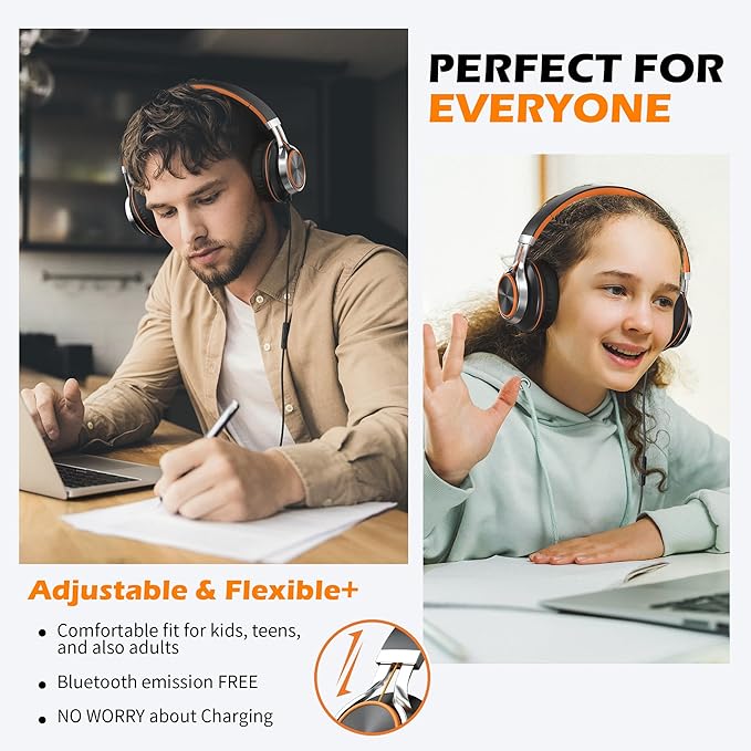 Kids Headphones, Headphones Wired with Microphone and Volume Control Folding Stereo Corded On-Ear 3.5mm Headset for Boys Girl Cellphones Tablets Chromebook Laptop Computer (Black/Orange)