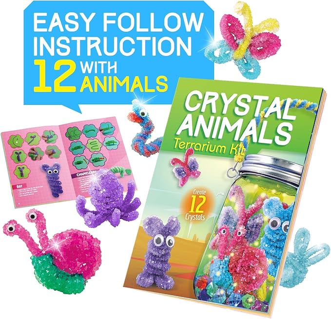 XXTOYS Crystal Growing Terrarium Kit - Crafts for Girls Ages 8-12- Create 12 Animals Science Kit for Kids - Light-Up Crystal Lantern Kit– STEM Toys for 7-12 Great Birthday Gifts for Boys & Girls
