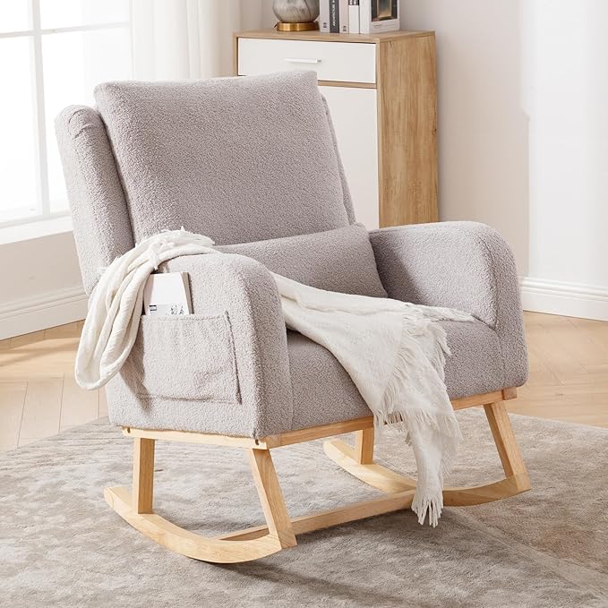 Rocking Chair Nursery, Sherpa Nursing Rocking Chairs, Upholstered Nursery Glider Rocker for Mom Nursery Morden Accent Rocking Chair Pillow for Living Room,Bedroom,Teddy Light Grey
