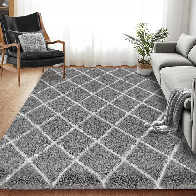 Fluffy Rug for Bedroom, 5X7Feet Stripe Checkered Rug Anti-Skid High Pile for Living Room Bedroom Kids Room Nursery, Dorm Home Decor