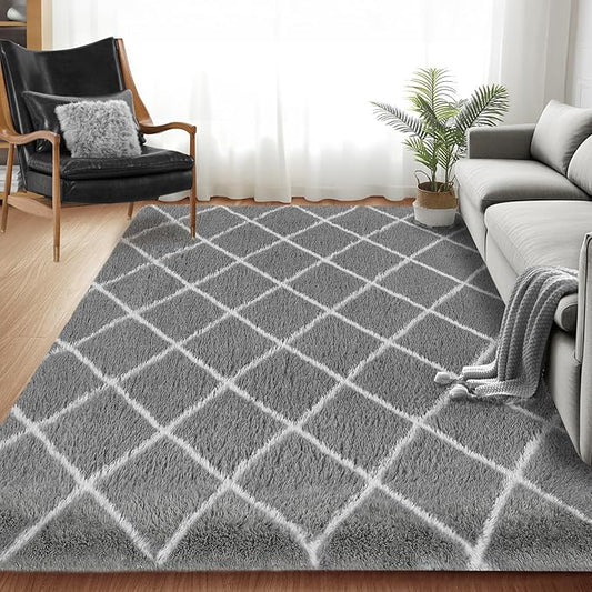 Fluffy Rug for Bedroom, 6X9Feet Stripe Checkered Rug Anti-Skid High Pile for Living Room Bedroom Kids Room Nursery, Dorm Home Decor