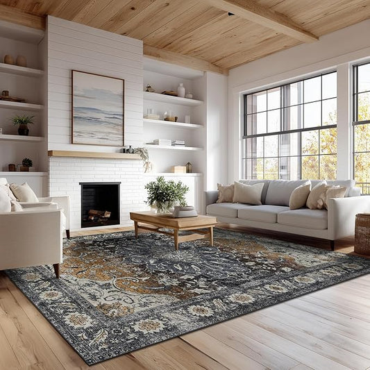 4x6 Washable Area Rug for Living Room, Carpet for Bedroom, Soft Faux Wool Retro Dining Room Rug, Non Slip&Non-Shedding Resistant Low Pile Vintage Print Rug for Home Office (Tan/Gray)