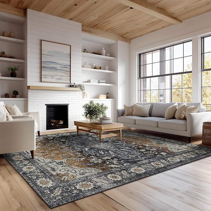 Washable Rugs 5x7 Area Rugs for Living Room, Thin Carpet for Bedroom, Soft Faux Wool Retro Dining Room Rug，Non Slip&Non-Shedding Resistant Low Pile Vintage Print Rug for Home Office (Tan/Gray)