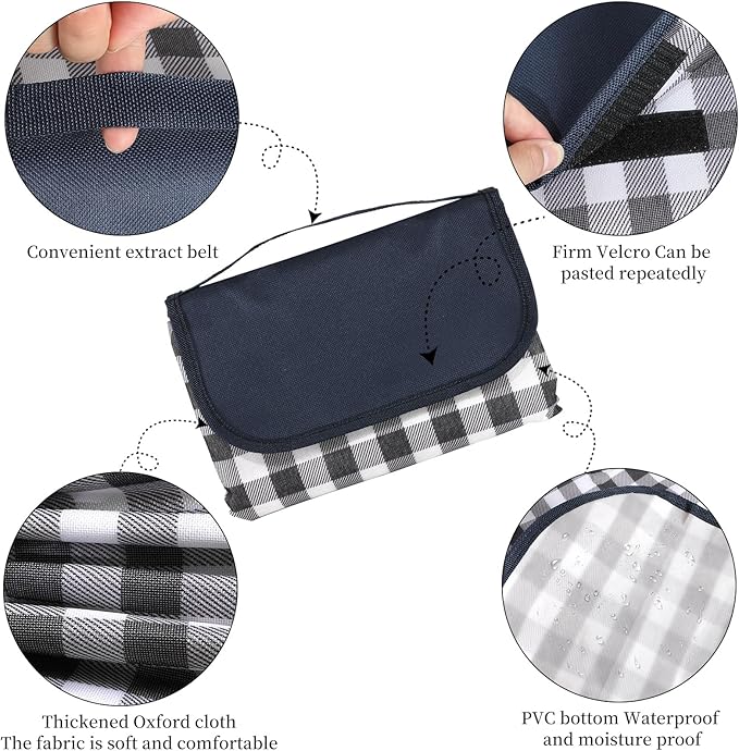 Picnic Blanket Waterproof Beach Rug 80''x118'' Picnic Mat Washable Lightweight with Handle Navy Blue Checkered for Hiking Travelling Outdoor Camping,Parks
