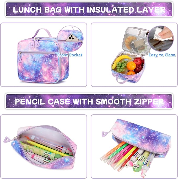 Backpack for Girls 3pcs Set Kids Backpack with Lunch Box Students Kawaii Book Bag for Elementary Primary Middle School Bags - Ita Backpack - Galaxy