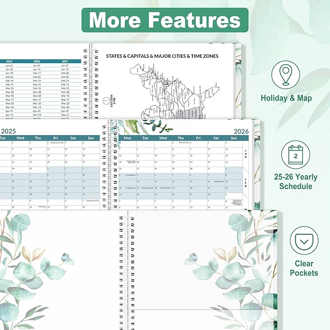SUNEE Academic Planner 2025-2026 Weekly and Monthly, July 2025-June 2026, 8.5"x11", Tabs, Note Pages, Pockets, Bookmark, Flexible Cover, Spiral Binding, Leaves