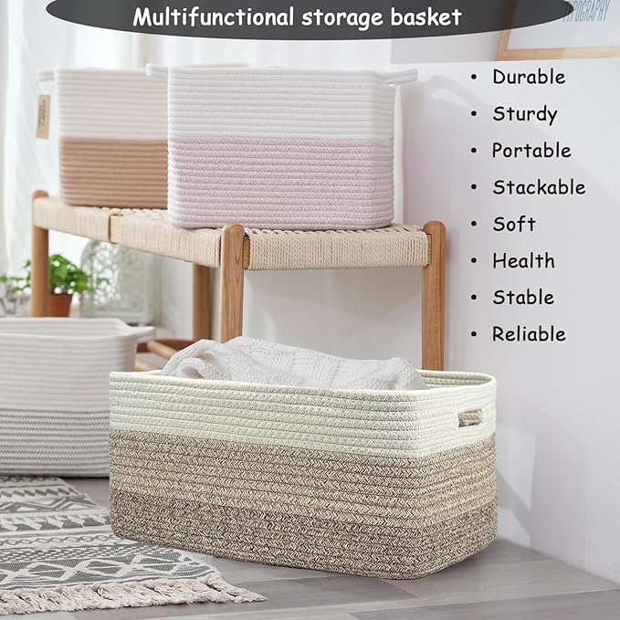 COMFY-HOMI Cotton Rope Woven Basket with Handles for Shelves,Toys,Book, Cloth Storage Baskets for Organizing-17" x 13" x 7.5" Toy Decorative Organizer for Living Room, Bathroom （white/3 brown）