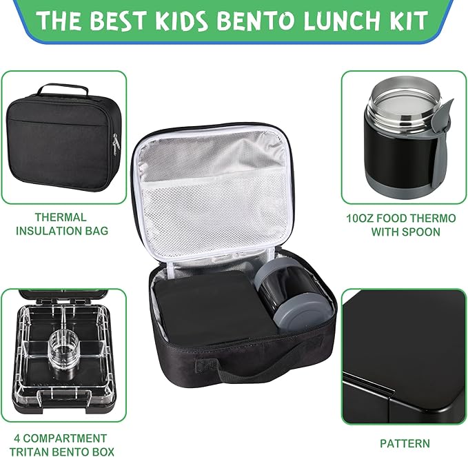 Bento Lunch Box Set With 10oz Soup Thermo, Leak-proof Lunch Containers with 4 Compartment, Kids Hot Thermo Food Jar/Insulation Lunch Bag, Food Containers for School (Black)
