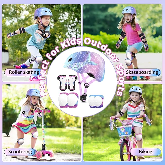 Vvinca Kids Toddlers Bike Helmet Adjustable for Ages 3-5-8 Years, Knee Pads and Elbow Pads Set Wrist Guard Sports Protective Gear Set for Roller Skate Bicycle Skateboard Scooter Girl Boy Birthday Gift