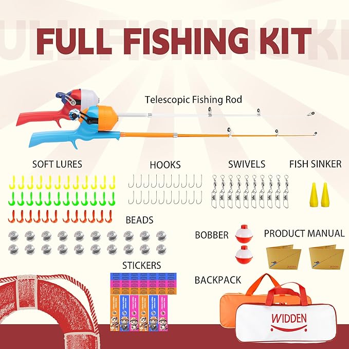 Kids Fishing Pole, Telescopic Fishing Rod, Toddler Collapsible Fishing Rod and Reel Combo with Tackle Box, Fishing Line, Bobber, and Soft Lures for Boy, Girl, Youth, Beginner, Over 4 Years Old