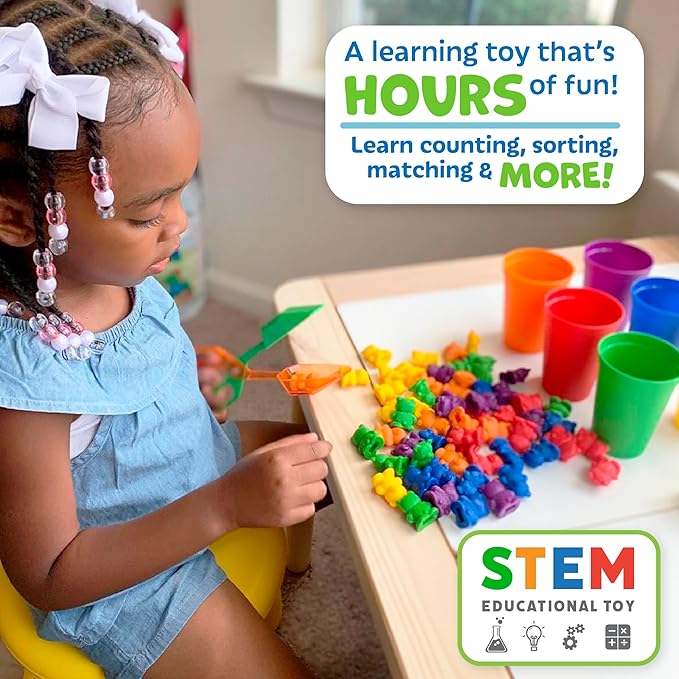 Skoolzy Rainbow Counting Bears, Rainbow Tongs & Sorting Cups - 74 Pcs Color Sorting Toys - Teddy Bear Math Manipulatives for Toddlers 36+ Months for Preschool Kindergarten