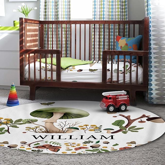 Personalized Baby Crib Bedding Set for Baby Boys Girls, Mushroom Design Custom Name Baby Crib Sets 5-Pcs, Toddler Double Layer Blanket Fitted Sheets Changing Pad Cover Rug Wall Art Set