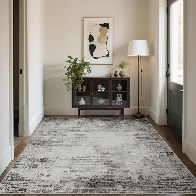 Area Rugs 8x10 Living Room Rugs: Modern Abstract Washable Rug with with Non-Slip Backing, Stain Resistant Indoor Floor Large Carpet for Bedroom Dining Room Table Nursery Hallway Home Office-Black/Gray