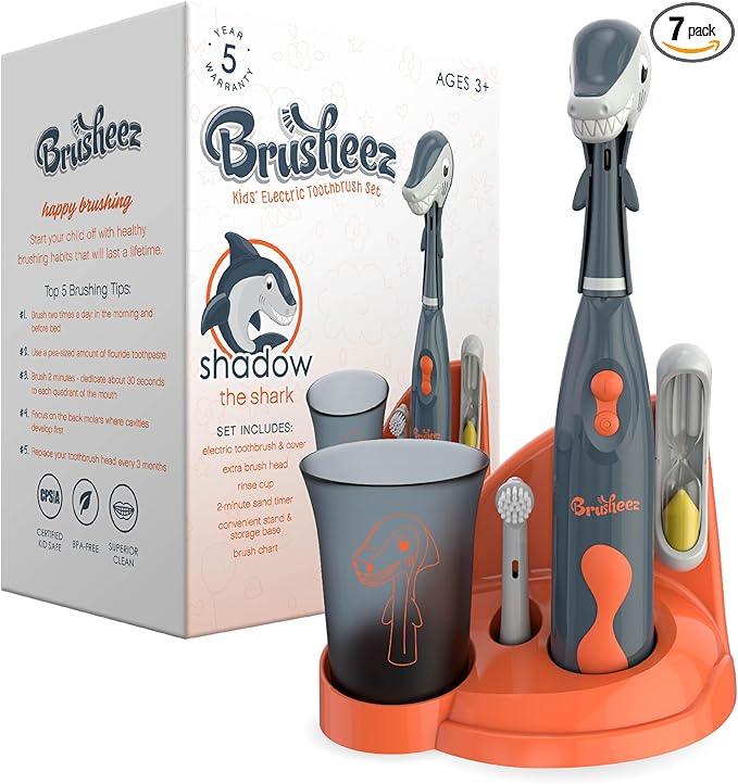 Brusheez Kids’ Electric Toothbrush Set - Safe & Effective for Ages 3+ - Parent Tested & Approved with Gentle Bristles, 2 Brush Heads, Rinse Cup, 2-Minute Timer, & Storage Base (Shadow The Shark)