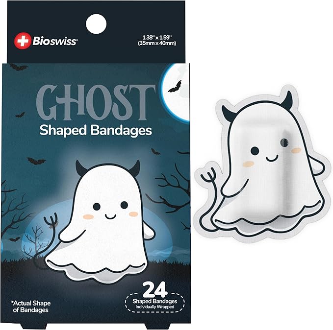 BioSwiss Bandages, Halloween Ghost Shaped Self Adhesive Bandage, Latex Free Sterile Wound Care, Fun First Aid Kit Supplies for Kids, 24 Count