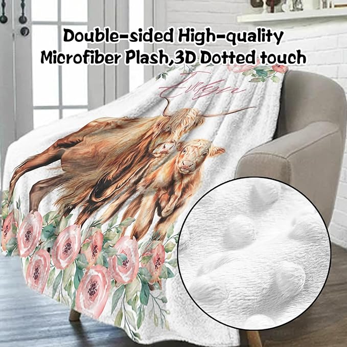Custom Nursery Crib Bedding Set: Personalized Name 4 Piece Floral Highland Cow Design Baby Crib Sets for Girls - Toddler Double Layer Blanket Set, Comfortable Crib Bed Sheets for Baby Toddlers