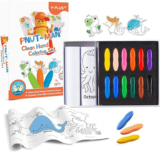 YPLUS Peanut Crayons Set for Kids, Art Case with 12 Colors Crayons and Wall Sticker Paper Rolls, Non-Toxic Toddler Coloring Supplies Stocking Stuffers for Kids Toddler