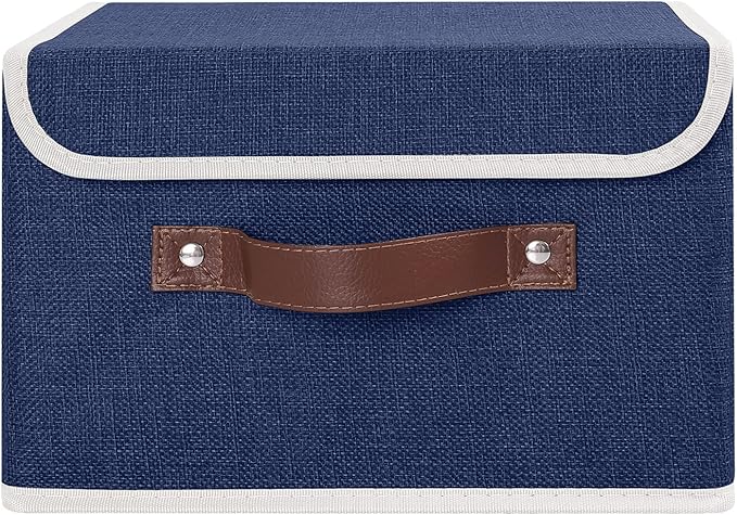 ANMINY Storage Bin with Lid Storage Boxes with PU Leather Handles PP Plastic Board Decorative Foldable Lidded Cotton Linen Fabric Home Cubes Baskets Closet Organizer Container - Blue, Small Size