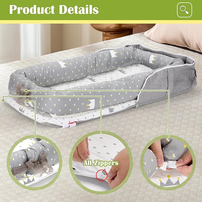 Baby Lounger for Newborn Portable Bag,Baby Lounger Play Mat for Awake-Time,Newborn Babies Essentials Gifts 0-24 Months Home Travel(Crown Grey)