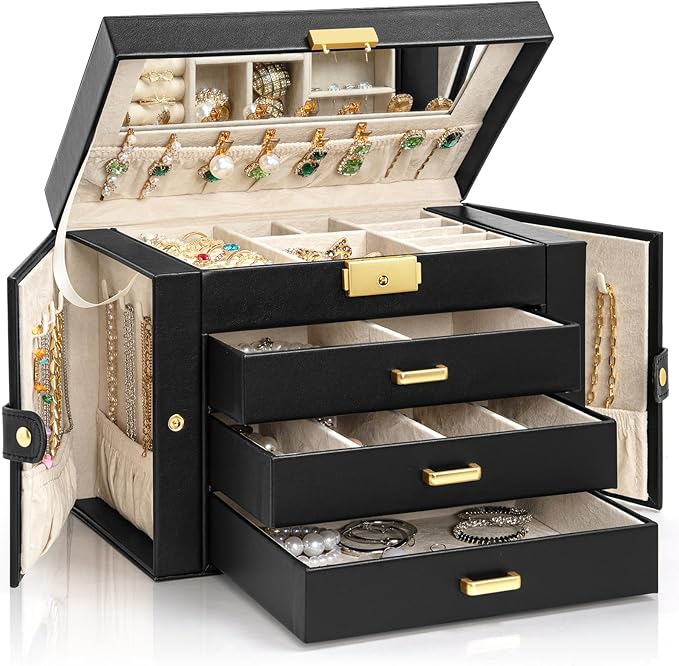 AKOZLIN Large 4-Tier Jewelry Box Leather Jewelry Storage Organizer with 3 Drawers Lockable for Women Girls Ring Necklace Earring Bracelet Watches Holder with Mirror Black
