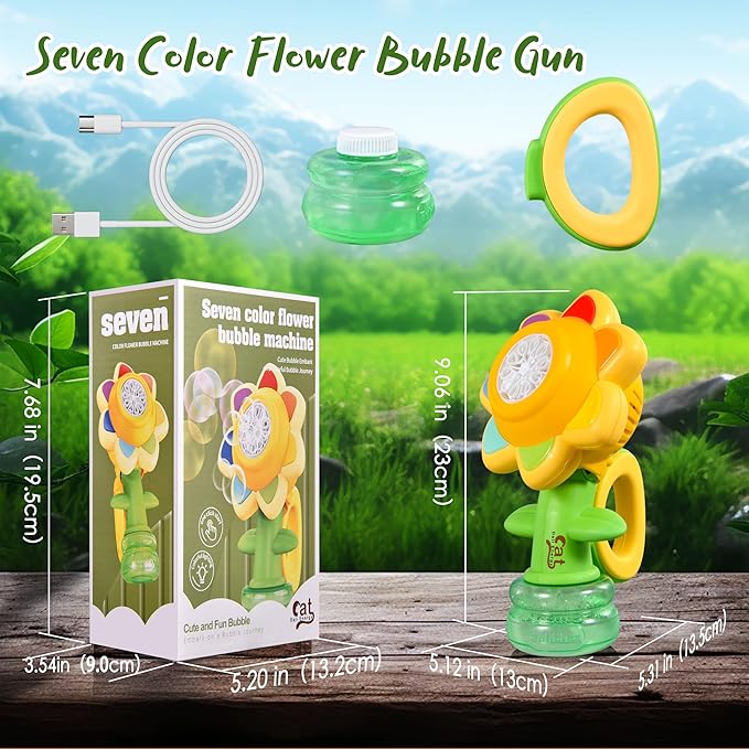 Sunflower Bubble Machine for Kids Automatic Flower Bubble Toy with Colorful Lighting for Toddlers Handheld 20000+Bubbles 3 Modes Fun Swing Dance Bubble Maker Blower Blaster Outdoor Toys Type-C Green