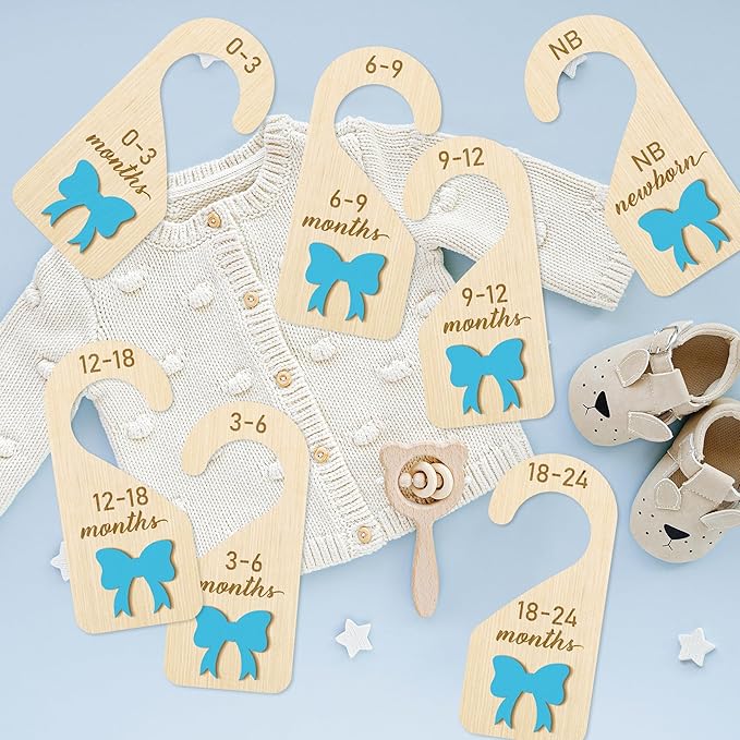 R HORSE Wooden Baby Closet Dividers - 3D Coquette Blue Bow Baby Closet Organizer, 8Pcs Double-Sided Newborn Clothes Size Hanger Dividers, Nursery Decor Birthday Gift for Boy Girl (0-24 Months)