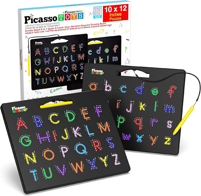 PicassoTiles Magnetic Alphabet Board 12x10 in Dual Sided Learning Pad with Upper and Lowercase Letter Tracing Stylus Pen Reusable Erasable Educational Toy Kids Preschool Montessori Writing Tool PTB03