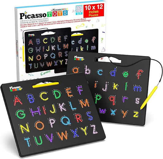 PicassoTiles Magnetic Alphabet Board 12x10 in Dual Sided Learning Pad with Upper and Lowercase Letter Tracing Stylus Pen Reusable Erasable Educational Toy Kids Preschool Montessori Writing Tool PTB03