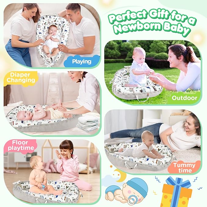 Baby Lounger - Baby Lounger for Newborn 0-24 Months, Breathable and Soft Cotton Cover Baby Nest, Portable Cozy Tummy Time Lounger for Home and Travel, Ideal Baby Essentials & Shower Gifts