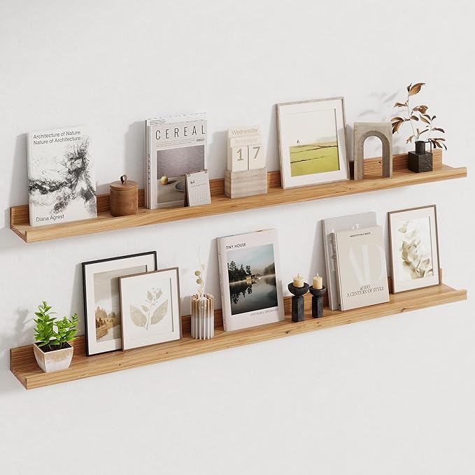 Picture Ledge Shelf, 48 Inch Long Floating Shelves for Wall, Nursery Bookshelf for Storage with Lip, Rustic Elm Wood Photo Ledge Shelves for Bedroom, Living Room, Kitchen (Natural, 48in Set of 2)