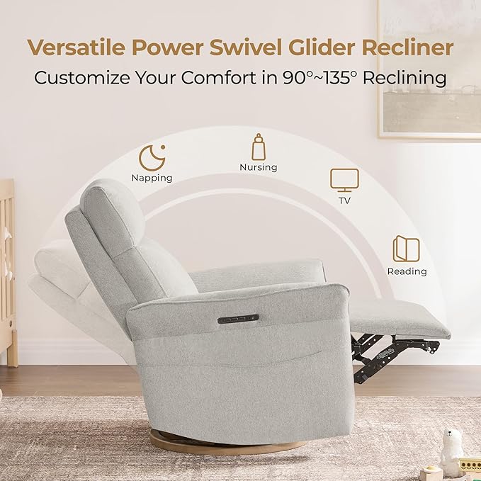 CHITA Power Recliner Chair, Electric Triple-Motor Swivel Glider Nursery Rocking Chair with Adjustable Power Headrest and Lumbar Support, GREENGARD Gold Certified, Solid Wood Base, Crockery Grey