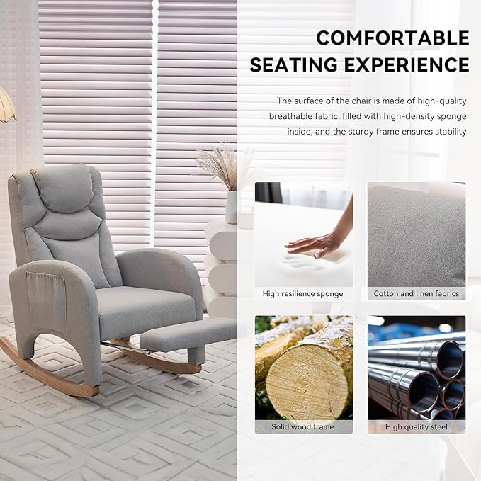 Rocking Chair Nursery, Modern Glider Chair with Adjustable Footrest and Solid Wood Legs, High Backrest Nursery Chair with Side Pocket, Rocker Armchair for Living Room Bedroom, Cotton Linen Light Gray