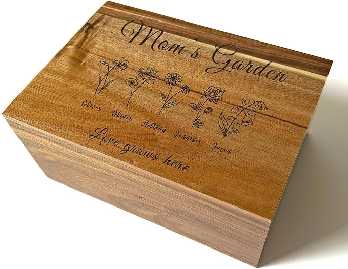 Mom's Garden Mother's Day Gift - Custom Gift for Mom, Personalized Grandma's Garden Gifts Birth Flowers, Wooden Storage Box with Hinged Lid, Mom Day, Unique Christmas Gifts for Woman, 11x8x4.75 in