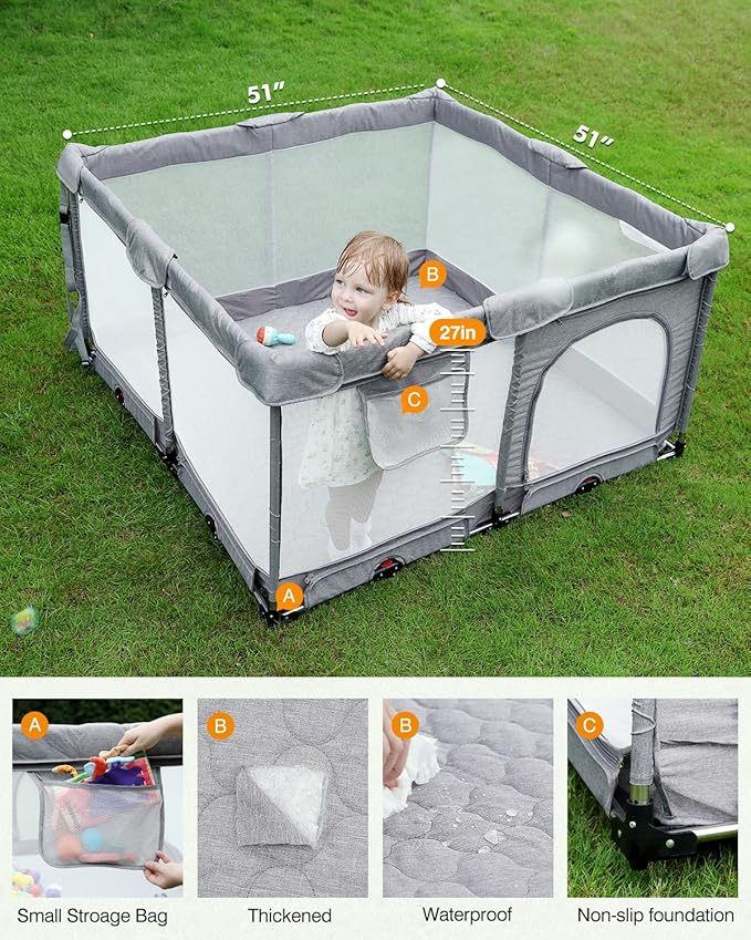 Foldable Baby Playpen with Non-Removable Thick Mat, Extra Large Collapsible Play Yard for Babies & Toddlers, Portable Travel Playpen with Gate, Safe Activity Center (51"×51" Grey)