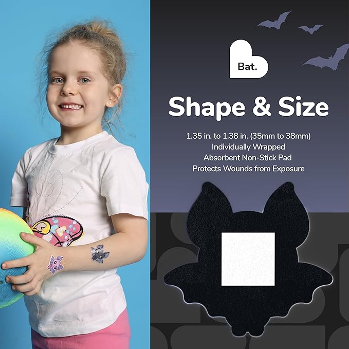 BioSwiss Bandages, Halloween Bat Shaped Self Adhesive Bandage, Latex Free Sterile Wound Care, Fun First Aid Kit Supplies for Kids, 50 Count