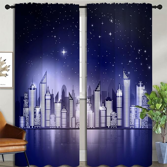 City Rod Pocket Blackout Curtains for Boy Girl Bedroom, New York Skyline Modern City Starry Sky Night View Home Energy Efficient Light Filtering Window Curtain for Living Room, 84x84 inch