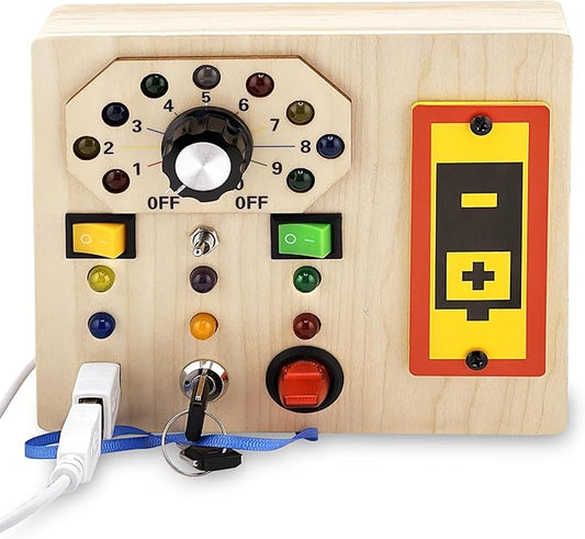 Wooden Montessori Musical Busy Board for Toddlers for 3-5 Year-Old with Mechanical Turner, Colorful Bulbs, Switches, Buttons - Enhance Sensory, Motor Skills (Updated)