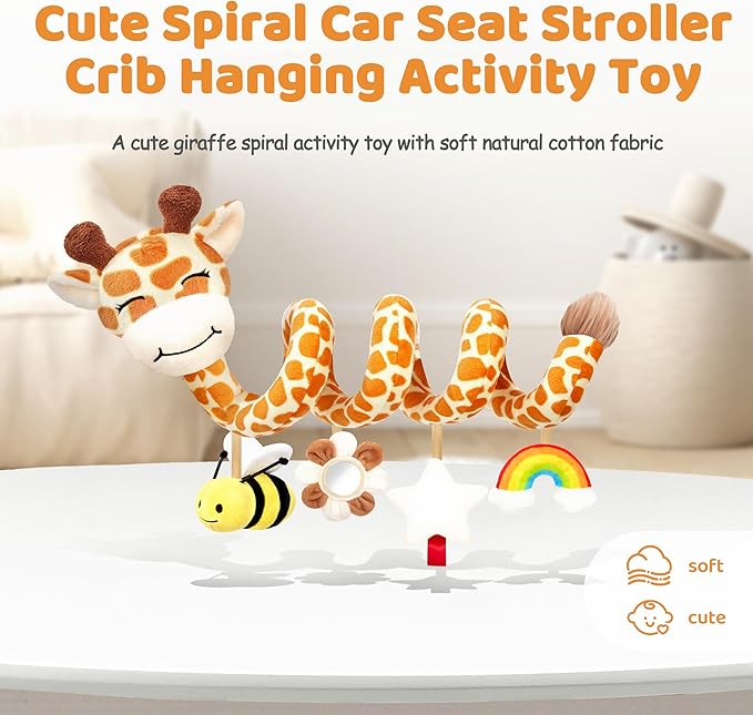 Spiral Car Seat Baby Toys 0-6 Months, Infant Carseat Sensory Toys Hanging Stroller Accessories, Newborn Shower Gifts for Baby Boys Girls Essentials | Cute Colorful Giraffe