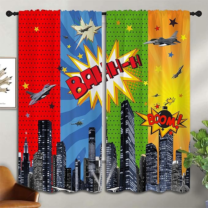 Superhero Rod Pocket Blackout Curtains for Boy Girl Bedroom, City War Explosion Comics Art Thermal Insulated Home Window Drapes for Living Room Darkening, 72x63 inch
