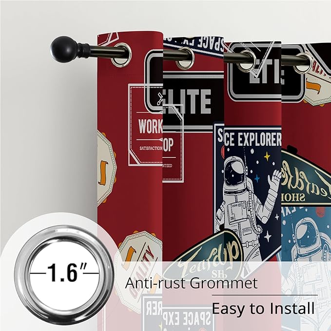 Kids Space Astronaut Blackout Curtains - 100% Blackout, Thermal Insulated, Noise Reducing, Perfect for Kids Room and Nersury, 2 Panels (Space Badge Crew, W52×L84)