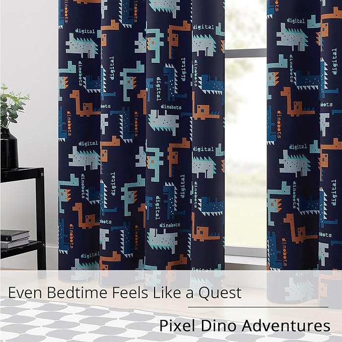 Kids Blackout Curtains - Pixel Dinosaur Curtains, 100% Blackout, 2 Panels, Each W52×L84, Thermal Insulated, Noise Reducing for Kids Bedroom, Bring a Playful and Retro Touch to Your Child’s Room