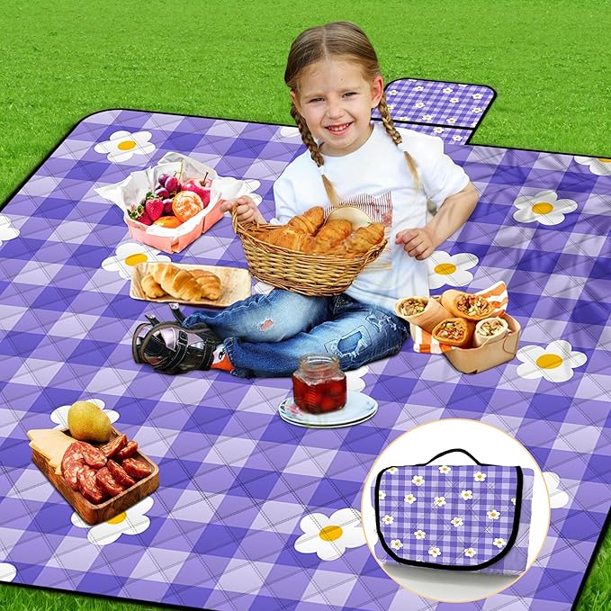 Extra Large Picnic Blanket Waterproof,80"x 80"Foldable Machine Washable Beach Blanket,Outdoor Blanket for 6-8 Adults,Suitable for Indoor Crawling,Park Beach,Camping,Hiking,Family Travel(Purple)