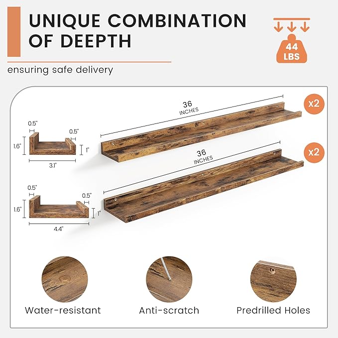 Floating Picture Ledge Shelves Set of 4, 36 Inch Shelves with Lip - Large Nursery Book Shelf for Toys Storage, Kids Bookshelf - Wall Mounted Living Room Bedroom Decor Frames