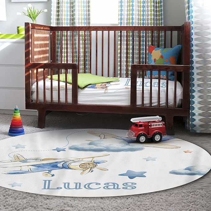 Personalized Baby Crib Bedding Set for Baby Boys Girls, Toy Airplane Pattern Custom Name Baby Crib Sets 5-Pcs, Toddler Double Layer Blanket Fitted Sheets Changing Pad Cover Rug Wall Art Set