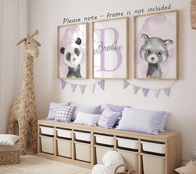 Safari Animals Set of 3 Unframed Poster Prints for Baby Girls Nursery Bedroom Playroom, Personalized Name, Choice of 12 Animals, Pink Purple (17x22)
