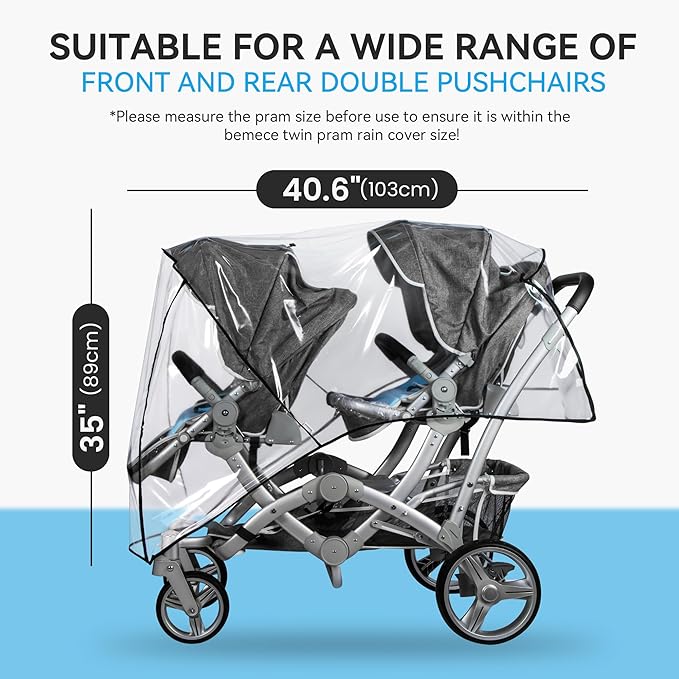 bemece Double Stroller Rain Cover, Weather Shield Double Stroller for Front and Rear Seats Twin Stroller, Baby Outdoor Activities Accessories, Protects Children from Rain, Snow, Wind